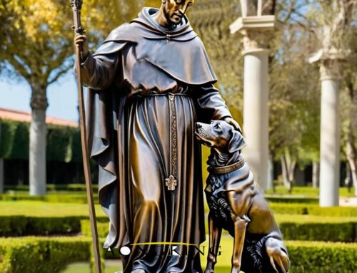 Garden Decor Dog Bronze Saint Dominic with Staff Statue